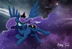 Size: 800x549 | Tagged: safe, artist:arctic-fox, princess luna, alicorn, pony, g4, female, flying, galaxy mane, mare, signature, smiling, solo, space