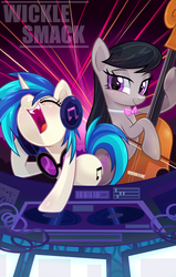 Size: 2100x3300 | Tagged: safe, artist:wicklesmack, dj pon-3, octavia melody, vinyl scratch, earth pony, pony, unicorn, bronycon, g4, cello, duo, fangs, female, headphones, high res, mare, musical instrument, open mouth, print, turntable