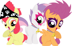 Size: 3598x2271 | Tagged: safe, artist:porygon2z, apple bloom, scootaloo, sweetie belle, pegasus, pony, unicorn, g4, the show stoppers, alternate hairstyle, bandana, cutie mark crusaders, high res, looking down, medallion, open mouth, rock star, show stopper outfits, simple background, sitting, trace, transparent background, vector