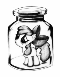 Size: 1080x1401 | Tagged: safe, artist:jonathan-c-eastwood, apple bloom, g4, adorabloom, bottle, cute, female, frown, jar, jar of pony, looking up, monochrome, pony in a bottle, sad, solo, traditional art, trapped