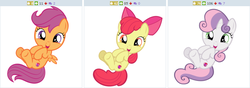 Size: 766x270 | Tagged: safe, artist:disneybrony2012, apple bloom, scootaloo, sweetie belle, derpibooru, g4, adorabloom, cute, cutealoo, cutie mark, cutie mark crusaders, diabetes, diasweetes, exploitable meme, juxtaposition, juxtaposition win, looking at you, meme, meta, on back, open mouth, simple background, smiling, the cmc's cutie marks, vector, weapons-grade cute, white background