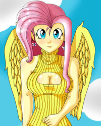 Size: 1200x1500 | Tagged: safe, artist:eduarknes, fluttershy, human, g4, boob window, cleavage, clothes, ear piercing, earring, female, humanized, jewelry, keyhole turtleneck, looking at you, open-chest sweater, piercing, solo, sweater, sweatershy, turtleneck, winged humanization