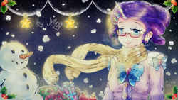 Size: 1920x1080 | Tagged: safe, artist:miniiming, rarity, human, g4, clothes, female, glasses, horn, horned humanization, humanized, present, scarf, shirt, snowman, solo