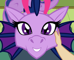 Size: 3356x2744 | Tagged: source needed, safe, artist:badumsquish, derpibooru exclusive, part of a set, twilight sparkle, human, siren, g4, couch, cute, female, hand, high res, lap, looking at you, my pet siren, offscreen character, petting, pov, sirenified, smiling, species swap, spell gone wrong, story included, tail wag, twiabetes, twilight siren