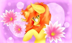 Size: 720x431 | Tagged: safe, artist:chromadraws, oc, oc only, oc:sand veil, female, flower, flowing mane, looking at you, solo, yellow eyes