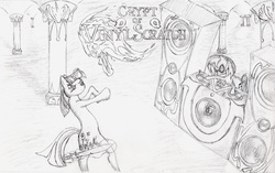 Size: 3270x2053 | Tagged: safe, artist:lordspiffy, dj pon-3, twilight sparkle, vinyl scratch, pony, unicorn, g4, bipedal, column, crossover, crypt of the necrodancer, dj booth, female, high res, indoors, levitation, magic, mare, monochrome, pencil drawing, skull, standing, sword, telekinesis, torch, traditional art, weapon