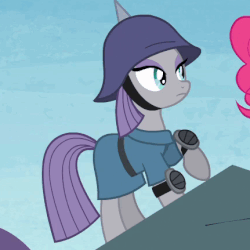 Size: 431x431 | Tagged: safe, screencap, maud pie, pinkie pie, earth pony, pony, g4, maud pie (episode), animated, blinking, female, hat, perfect loop, pickelhaube, solo focus