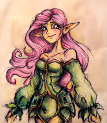 Size: 812x931 | Tagged: safe, artist:buttersprinkle, fluttershy, human, g4, clothes, elf ears, female, humanized, pony coloring, smiling, solo, traditional art