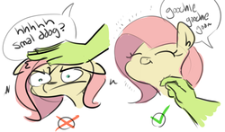 Size: 1280x752 | Tagged: safe, artist:nobody, fluttershy, oc, oc:anon, human, g4, :t, bust, cute, eyes closed, floppy ears, frown, glare, hand, instructions, petting, portrait, sketch, smiling, unamused, wide eyes