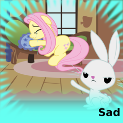 Size: 1024x1024 | Tagged: safe, artist:cheezedoodle96, derpibooru exclusive, angel bunny, fluttershy, pegasus, pony, rabbit, derpibooru, g4, ponyville confidential, angry, animal, couch, crying, duo, eyes closed, female, fluttershy's cottage, frown, lamp, male, mare, meta, official spoiler image, pillow, sad, spoilered image joke