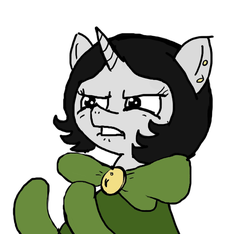 Size: 640x600 | Tagged: safe, artist:ficficponyfic, color edit, edit, oc, oc only, oc:joyride, pony, unicorn, colt quest, adult, bowtie, clothes, color, colored, ear piercing, female, frustrated, gloves, horn, lip bite, mare, piercing, reaction image
