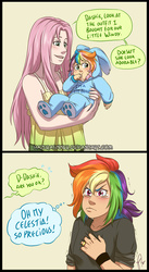 Size: 700x1275 | Tagged: safe, artist:hazurasinner, fluttershy, rainbow dash, oc, oc:windy belle, human, g4, blushing, bunny costume, bunny pajamas, clothes, comic, crying, cute, daaaaaaaaaaaw, diabetes, dialogue, female, footed sleeper, hnnng, humanized, lesbian, long hair, magical lesbian spawn, ocbetes, offspring, open mouth, parent:fluttershy, parent:rainbow dash, parents:flutterdash, paw pads, rainbow hair, ring, ship:flutterdash, shipping, simple background, speech bubble, tank top, thought bubble