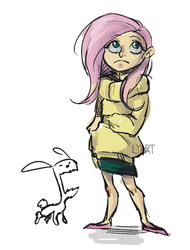 Size: 758x1000 | Tagged: safe, artist:lya, angel bunny, fluttershy, human, g4, clothes, female, humanized, shoes, skirt, solo, standing, strange, sweater, sweatershy, weird