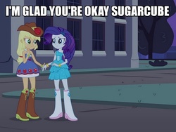 Size: 731x550 | Tagged: safe, edit, screencap, applejack, rarity, equestria girls, g4, female, holding hands, image macro, implied rarijack, meme, text