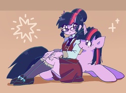 Size: 1024x752 | Tagged: dead source, safe, artist:twintailaquarius, artist:xp_r6, sci-twi, twilight sparkle, alicorn, pony, equestria girls, friendship games, barrette, chromatic aberration, clothes, crystal prep academy uniform, cute, duality, duo, female, glasses, gradient background, hair bun, hairclip, hairpin, horn, human ponidox, looking at you, mare, miniskirt, necktie, pixiv, pleated skirt, pose, prone, school uniform, self ponidox, shirt, shoes, side view, sitting, skirt, smiling, socks, sparkles, twilight sparkle (alicorn), twolight, uniform, vest