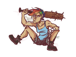 Size: 1000x750 | Tagged: safe, artist:lya, rainbow dash, human, g4, baseball bat, cigarette, clothes, colored, female, humanized, nailbat, punk, shorts, sitting, smoking, solo