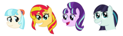 Size: 4625x1350 | Tagged: safe, artist:sketchmcreations, coco pommel, coloratura, starlight glimmer, sunset shimmer, earth pony, pony, g4, floating head, high res, rara, simple background, smiling, transparent background, vector