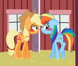 Size: 1808x1523 | Tagged: dead source, safe, artist:artypaints, applejack, rainbow dash, earth pony, pegasus, pony, g4, barn, blushing, duo, female, lesbian, ship:appledash, shipping