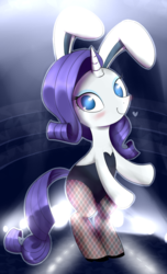 Size: 600x989 | Tagged: safe, artist:failprofile, artist:norithecat, rarity, pony, unicorn, g4, bunny suit, clothes, female, fishnet stockings, leotard, solo