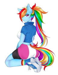 Size: 2550x3300 | Tagged: safe, artist:slyblue7, rainbow dash, anthro, plantigrade anthro, g4, ass, breasts, busty rainbow dash, butt, clothes, compression shorts, converse, equestria girls outfit, female, fetish, high res, kneeling, midriff, ponytail, rear view, shoes, shorts, skirt, sneakers, sneakers fetish, socks, solo, tail