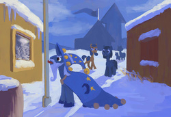 Size: 1000x684 | Tagged: safe, artist:nottex, star swirl the bearded, g4, cape, clothes, hat, lineless, snow, tongue out, tongue stuck to pole, winter