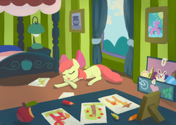 Size: 800x566 | Tagged: safe, artist:nottex, apple bloom, applejack, big macintosh, granny smith, earth pony, pony, g4, apple, bed, crayon drawing, female, filly, foal, food, lamp, male, sleeping, stallion, toy, tree, window