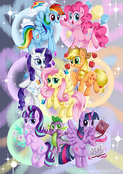 Size: 7015x9933 | Tagged: safe, artist:meganlovesangrybirds, applejack, fluttershy, pinkie pie, rainbow dash, rarity, spike, starlight glimmer, twilight sparkle, alicorn, pony, g4, absurd resolution, book, cowboy hat, female, freckles, friends are always there for you, group, hat, magic, mane seven, mane six, mare, open mouth, smiling, stetson, twilight sparkle (alicorn), waving