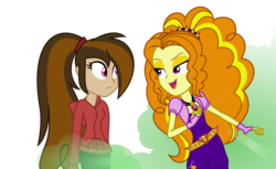 Size: 1098x670 | Tagged: safe, artist:lyricgemva, adagio dazzle, oc, oc:cupcake slash, equestria girls, g4, amulet, clothes, duo, duo female, equestria girls-ified, female, necklace, open mouth, pants, request, simple background, spikes, sweater, transparent background, under our spell