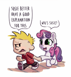 Size: 1100x1197 | Tagged: safe, artist:bobdude0, sweetie belle, human, pony, unicorn, g4, calvin (calvin and hobbes), calvin and hobbes, crossover, cute, dialogue, female, filly, male, open mouth