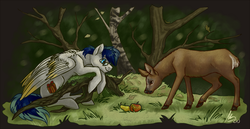 Size: 2200x1135 | Tagged: safe, artist:gonedreamer, oc, oc only, oc:stardust mach, deer, pegasus, pony, apple, cute, food, forest, glasses, pear