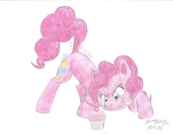 Size: 2200x1695 | Tagged: safe, artist:semijuggalo, pinkie pie, earth pony, pony, g4, cupcake, female, food, solo, tongue out, traditional art