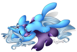 Size: 2989x2006 | Tagged: safe, artist:tawnysweet, trixie, pony, unicorn, g4, cute, female, high res, loose hair, lying down, mare, on back, one eye closed, solo, wink