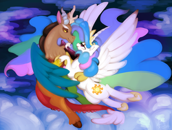 Size: 1024x774 | Tagged: safe, artist:shivall, discord, princess celestia, g4, dancing, female, flying, male, ship:dislestia, shipping, straight