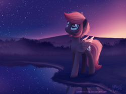 Size: 1440x1080 | Tagged: safe, artist:joellethenose, oc, oc only, oc:stardust, pegasus, pony, female, grass, lake, mare, mountain, solo, stars, tree, twilight (astronomy), water