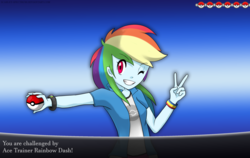 Size: 3794x2391 | Tagged: safe, artist:scarlet-spectrum, rainbow dash, equestria girls, g4, crossover, female, grin, high res, peace sign, poké ball, pokémon, solo, wink