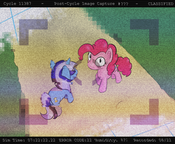 Size: 1300x1073 | Tagged: safe, artist:pinkiesheen, minuette, pinkie pie, earth pony, pony, unicorn, g4, breaking the fourth wall, camera, camera shot, disintegration, duo, error, eyes on the prize, fourth wall, glitch, looking at you, looking up, looking up at you, simulation, story included, xk-class end-of-the-world scenario
