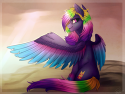 Size: 1024x768 | Tagged: safe, artist:orfartina, oc, oc only, oc:aurora, pegasus, pony, chest fluff, cloud, colored wings, colored wingtips, crepuscular rays, female, gradient mane, gradient tail, gradient wings, hoof fluff, looking at you, looking back, looking back at you, mare, multicolored hair, multicolored mane, multicolored tail, multicolored wings, neck fluff, signature, sitting, solo, spread wings, wings