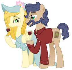 Size: 4321x4193 | Tagged: safe, artist:lostinthetrees, oc, oc only, oc:free spirit, oc:paper back, pony, absurd resolution, alcohol, beard, clothes, duo, facial hair, food, glasses, hat, hoof hold, shirt, simple background, transparent background, wine, wine glass