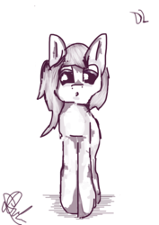 Size: 1000x1414 | Tagged: artist needed, safe, earth pony, pony, front view, looking down, monochrome, open mouth, signature, simple background, solo, white background