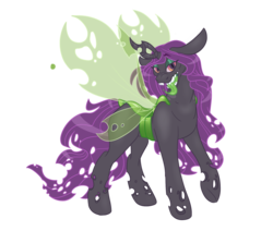 Size: 1830x1554 | Tagged: safe, artist:flyinglimes, oc, oc only, oc:queen concord, changeling, changeling queen, changeling oc, changeling queen oc, female, green changeling, green tongue, open mouth, purple changeling, raised hoof, simple background, solo, tongue out, transparent background