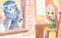 Size: 1397x872 | Tagged: safe, artist:howxu, fluttershy, princess luna, human, g4, chibi, duo, eared humanization, humanized, pony coloring, traditional art, watercolor painting