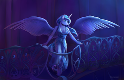 Size: 2000x1294 | Tagged: safe, artist:viwrastupr, princess luna, alicorn, anthro, unguligrade anthro, g4, balcony, clothes, crepuscular rays, dress, female, missing accessory, night, smiling, solo, spread wings
