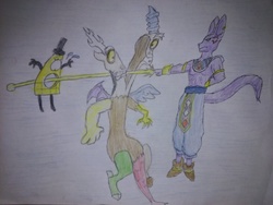 Size: 1024x768 | Tagged: safe, artist:superdarksidex5, discord, g4, beerus, bill cipher, crossover, dragon ball, dragon ball super, dragon ball z, fight, gravity falls, male, traditional art