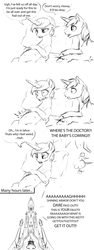 Size: 1280x3412 | Tagged: safe, artist:silfoe, princess cadance, shining armor, royal sketchbook, g4, bed, belly, dialogue, grayscale, labor, monochrome, pillow, pregnant, sketch, speech bubble, traditional royal canterlot voice, yelling