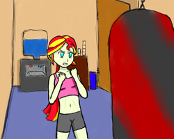 Size: 1280x1024 | Tagged: safe, artist:zoomya, sunset shimmer, equestria girls, g4, belly button, boxing, clothes, female, midriff, shorts, solo, tank top