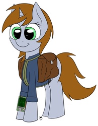 Size: 2928x3752 | Tagged: safe, artist:prismstreak, oc, oc only, oc:littlepip, pony, unicorn, fallout equestria, clothes, fanfic, fanfic art, female, high res, jumpsuit, mare, pipbuck, simple background, solo, vault suit, white background