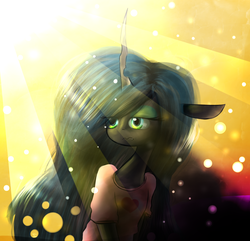 Size: 1450x1400 | Tagged: safe, artist:lucitfandmlp, queen chrysalis, changeling, changeling queen, anthro, g4, clothes, female, morning, shirt, solo