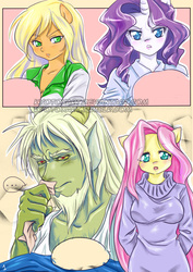 Size: 540x764 | Tagged: safe, artist:kyotoxart, applejack, discord, fluttershy, rarity, anthro, g4, ..., comic, female, male, pony coloring, ship:discoshy, shipping, sick, straight
