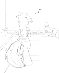 Size: 880x1080 | Tagged: safe, artist:k-kopp, oc, oc only, oc:candy apple, dog, pony, animated, bed mane, bipedal, butt, butt shake, cooking, kitchen, milk, monochrome, music notes, plot, solo, tail wag