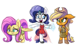 Size: 1280x782 | Tagged: safe, artist:heir-of-rick, applejack, fluttershy, rarity, anthro, unguligrade anthro, g4, clothes